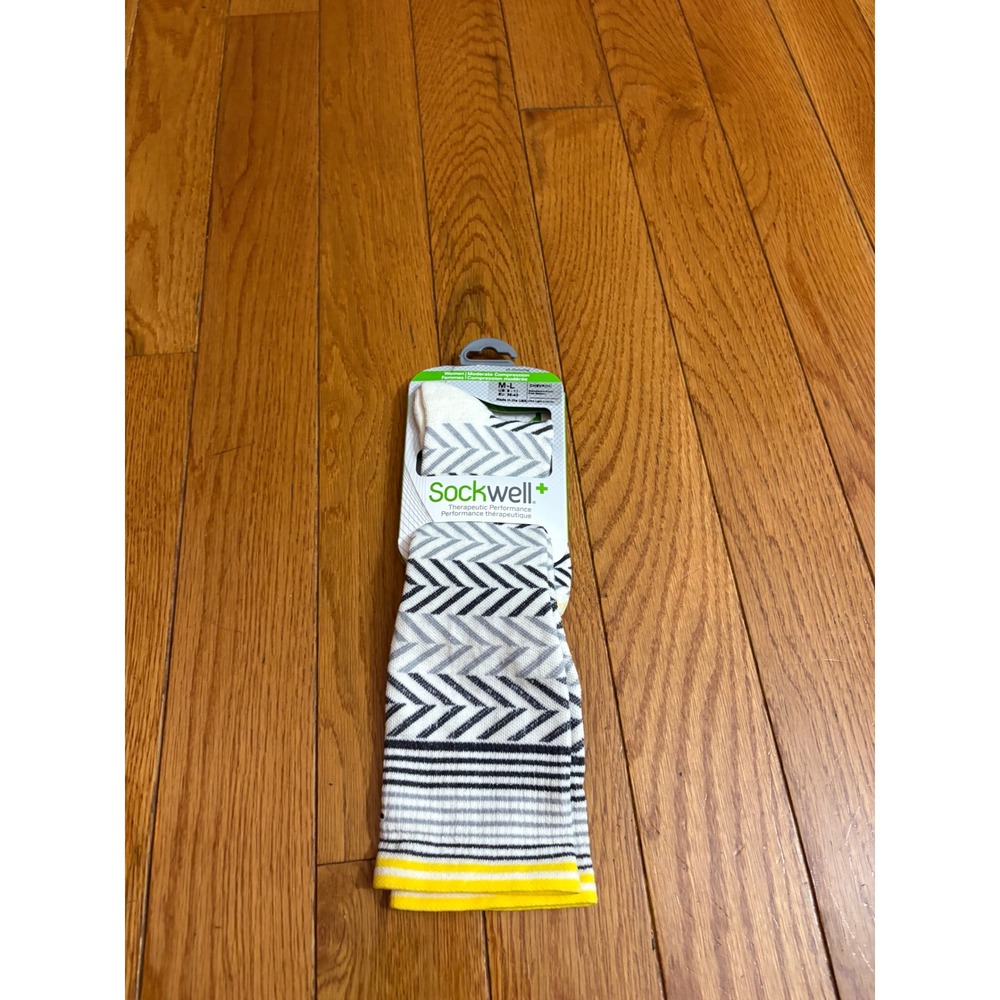 New Sockwell Chevron Knee High Moderate Compression Socks White Grey Yellow M-L